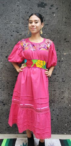 Mexican womans Embroidered dress Handmade- Beautiful- Frida Kahlo style- Free shipping mexican boho hippie baby Pink peasant dress MUMU Jalisco Dress, Latina Dress, Mexican Skirts, Womans Dress, Mexican Boho, Frida Kahlo Style, Hippie Baby, Boho Hippie Dress, Bright Color Dresses