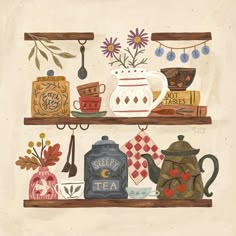 two shelves with teapots, cups and other items on them