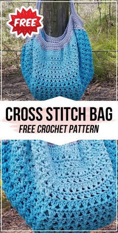 a crocheted bag with the text free pattern on it and an image of a blue