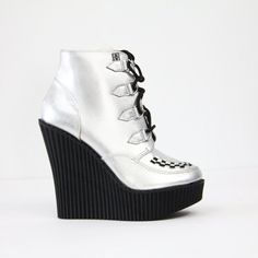 T.U.K Boots Size U.S. 6 Women New With Box Silver Leather Lace Up Eu 37 Wedge Heel 5" Platform 1.5" All Photos Are The Actual Shoes For Sale Fast Shipping Punk Ska Rave Festive Dancer Club Rare Fashion Tuk Boots, Rare Fashion, Shoes For Sale, High Shoes, Womens Wedges, Leather Lace, Creepers, Platform Boots, Leather And Lace