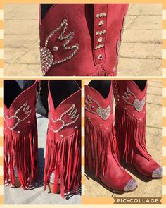 Ok, friends! Here we go1,000% authentic, genuine SWAROVSKI crystal rhinestone cowboy boots. These are not knock off stones, these are THE REAL DEAL! They are made with only the strongest adhesives and stones ranging in sizes from 3-6 mm for the brightest sparkle Soooooo fun! These boots are a gorgeous shade of deep crimson red, and are encrusted throughout with clear stones. These are man made material boots, yet still very nice quality. They have a really neat fringe flow curtain as well....I l Western Rhinestone Fringe Boots For Fall, Western Boots With Rhinestone Fringe For Fall, Western Snip Toe Boots With Rhinestones, Western Boots With Rhinestones And Snip Toe, Western Style Snip Toe Boots With Rhinestones, Western Rhinestone Boots With Round Toe, Rhinestone Boots With Round Toe For Rodeo, Western Boots With Rhinestone Fringe And Round Toe, Western Boots With Rhinestones And Round Toe