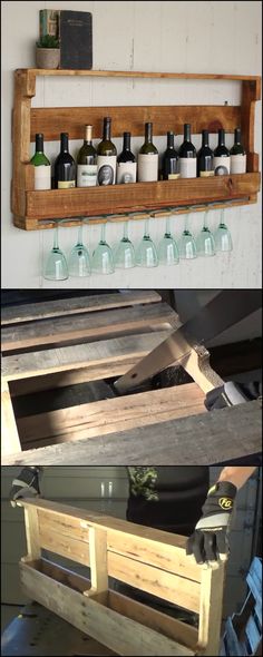 an old pallet is turned into a wine rack with bottles and glasses on it