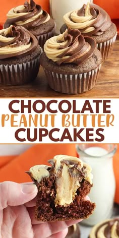 chocolate peanut butter cupcakes with frosting on top and in the middle, being held up by a hand