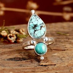 Sterling Silver Authentic Turquoise Ring - Boho-Magic Jewelry Dual Birthstone Ring, Magic Jewelry, Boho Turquoise, Silver Ring For Women, Moonstone Ring Sterling Silver, Natural Turquoise Stone, Silver Rings With Stones, Sterling Silver Stacking Rings, Teardrop Ring