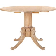 a round wooden table with four legs and a circular wood dining table top, on an isolated white background