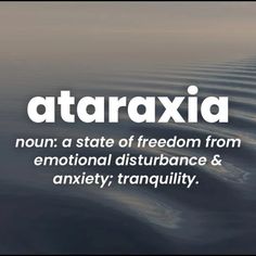 the words ataraxi are written in white on a dark blue background with water