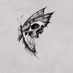 a drawing of a skull with a butterfly on it's head