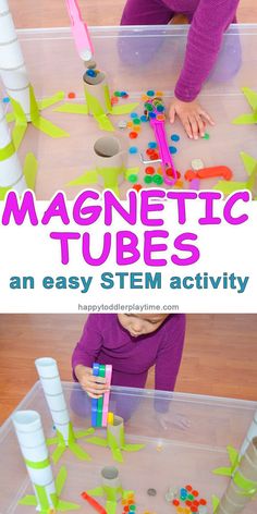 MAGNETICTUBESpin Tubes And Tunnels Creative Curriculum Art, Tubes And Tunnels Dramatic Play, Quiet Toddler Activities, Stem Boxes, Magnet Activities, Stem Activities Preschool, Easy Stem, Activity For Toddlers