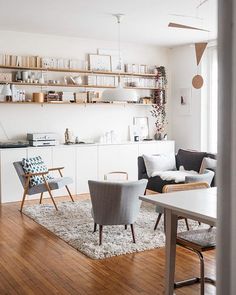 a living room filled with furniture and lots of shelves