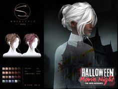 an image of a woman with white hair in the style of halloween movie night,