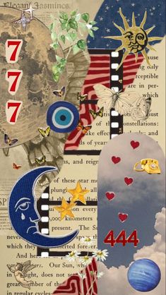 altered collage with images and words about the moon, stars, and sun in different colors