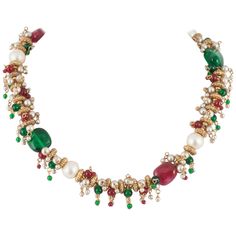 A short but sumptuous necklace , made from poured glass larger rubies and emeralds, with small rubies,emeralds and pearls interspersed in between, with smaller glass beads dangling and highlghting. Wearable and highly collectable, this beautiful necklace was made by Maison Gripoix for Chanel in the 1960s. This necklace is unsigned. A similar necklace is illustrated on page 229 of 'Jewels of Fantasy:Costume Jewellery of the 20th Century', the book published to coincide with the celebrated exhibit Gold Chocker Necklace, Fake Pearl Necklace, Jewel Choker, Necklace Chanel, Handmade Jewelry Ideas, Necklace With Name, Necklaces Choker, Vintage Choker Necklace, Sabyasachi Jewellery