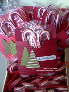 a box filled with lots of red and white candy canes next to each other