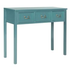 a blue desk with two drawers on top and one drawer open to show the bottom