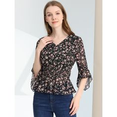 Whether you're in the office or out on the town, this delicate floral print blouse is perfect for any occasion! Wear this shirt out for a breezy look. Look cute no matter where the day takes you in the vintage flare sleeve floral blouse. Add a little whimsy to your look with the cute floral print blouse. Printed V-neck Tops For Office, Floral Print V-neck Tops For Work, Feminine V-neck Printed Blouse, Spring Chiffon V-neck Blouse, Black Floral Print Chiffon Blouse, Spring Office V-neck Blouse, V-neck Blouse For Office In Spring, Black Chiffon Blouse With Floral Print, Spring Chiffon Office Tops