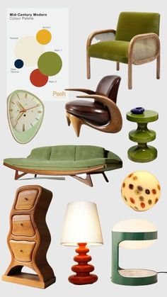 an assortment of modern furniture including chairs, tables and lamps