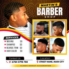 the flyer for martin's barber shop shows different styles of hair and beards