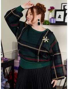 Rock around the Christmas tree with an extra magical sweater on! This Disney knit sweater is definitely on our wishlist for Santa. This deep green plaid intarsia sweater has bishop sleeves and an elongated rib at the waist. Mickey Mouse is featured on a gold snowflake design embroidered on the chest for a touch of Disney magic! Simple Christmas Outfits, Christmas Party Outfit Ideas, Party Outfit Ideas, Intarsia Sweater, Sweater Plus Size, Sweater Plus, Hot Sweater, 2024 Outfits, Christmas Party Outfit