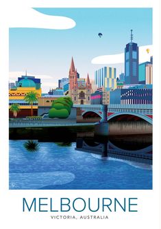 the melbourne skyline is shown in this poster