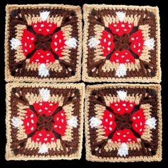 four square crocheted coasters with red and white flowers on them, each made up of three squares