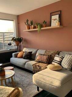 a living room filled with furniture next to a window and potted plants on the wall