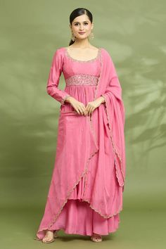 Coral pink padded anarkali with zari, mirror, beads, sequins and aari embroidered yoke and sleeves. Comes with sharara and a dupatta. - Aza Fashions Churidar Sleeves, Mirror Beads, Embroidered Anarkali, Sharara Set, Churidar, Embroidered Silk, Coral Pink, Set For Women, Anarkali