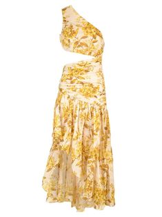 The Golden Asymmetric Dress in Yellow Toile Floral  Cotton one shoulder dress Invisible zip on left side Pleats and gathering throughout Asymmetric hemline Waist cut out on the right side Australian Swimwear, Boho Chic Design, Versace Designer, Golden Dress, Asymmetric Dress, Zimmermann Dress, Invisible Zip, Tube Dress, Asymmetrical Dress