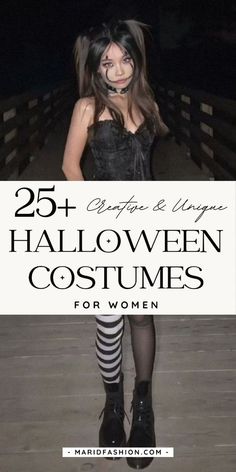 a woman wearing black and white stockings with text overlay that reads 25 + halloween costumes for women