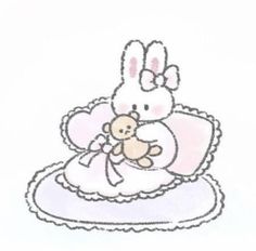 a drawing of a bunny holding a teddy bear on top of a cake with scalloped edges