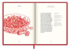 an open book with a drawing of a bowl full of cherries on the cover