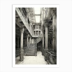 a black and white drawing of a staircase in a building with columns, stairs and railings