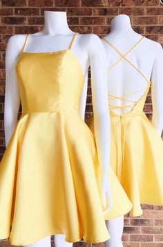 Spaghetti Straps Cute Yellow Homecoming Dresses,Graduation Dress sold by SheDress on Storenvy Yellow Party Dresses, Halter Homecoming Dress, Yellow Homecoming Dresses, School Event Dress, Simple Homecoming Dresses, Cocktail Dress Yellow, Yellow Dresses, Satin Homecoming Dress, Cheap Homecoming Dresses