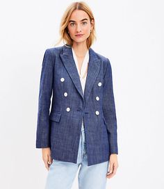 Suit up in effortlessly flawless chic with this double breasted blazer, a modern tailored layer in fresh structured woven denim that never fails to impress. Notched lapel. Long sleeves with button cuffs. Double breasted button trim with single-button closure. Front flap pockets. Back vent. Lined.,Hit:Hit: Hits at hip,Imported:Imported,Fit:Fit: Classic — follows your contours with a little room,Length:27 1/2" long,Fabrication:Shell : 100% Cotton Lining : 100% Polyester,Garment Care:Machine Washab Petite Suits, Hip Style, Petite Jacket, Denim Blazer, Suit Up, Breasted Blazer, Double Breasted Blazer, Dark Denim, Denim Blue