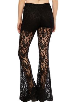 Lace Flare Pants For Party, Lace Flare Bottoms For Party, Flare Lace Bottoms For Party, Party Bottoms With Lace Trim And Stretch, Black Lace Trim Pants For Party, Stretch Lace Bottoms For Night Out, Stretch Lace Party Pants, Party Lace Stretch Pants, Lace Trim Bottoms For Night Out