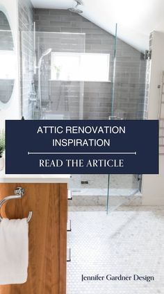 a bathroom with a sink, toilet and shower in the background text reads attic renovation inspiration read the article