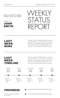 an info sheet with the words weekly status report written in black and white on it