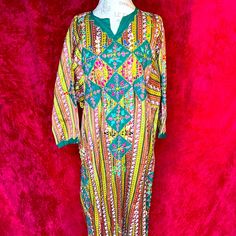 Vintage 70s 1970s Long Sleeved Maxi Dress Embroidered And Vibrant Hippie Boho Bohemian Dress Best For A Medium Or Small Not Sure Which Country This Is From Please Let Me Know If You Know Sleeved Maxi Dress, Maxi Kaftan, Bohemian Maxi, Kaftan Dress, Bohemian Dress, Long Sleeve Maxi Dress, Boho Bohemian, Green Yellow, Vintage 70s