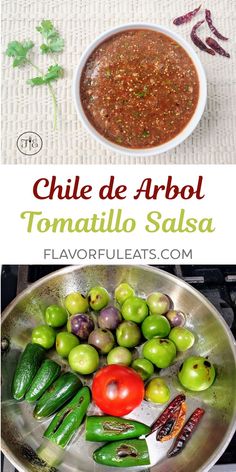 the ingredients for chili de arboli tomato salsa in a bowl and an image of peppers