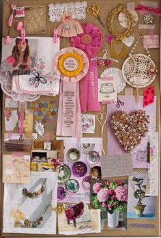 a bulletin board covered in lots of different items and things that are on it's side