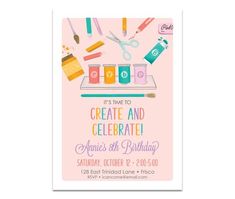 a pink birthday party card with scissors, pencils and other items on it's side