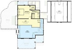 the first floor plan for a home with two separate rooms and an attached garage area