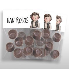 some chocolate candies are in a bag with stickers on them that say han rolos