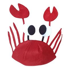 a red crab hat with black eyes and two large white crabs on it's head