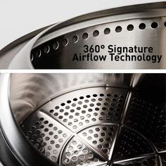 a stainless steel sink with the words, 360 signature airflow technology