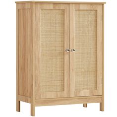 a wooden cabinet with wicker doors on the front and side panels, one door open