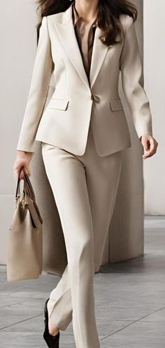 Light cream business suit for the lady. Customise suits made to measure for all sizes and shapes. Please send in  measurement of your height and weight as well. Extra margin of fabric will be added so that the suit can be easily adjusted if the fit is not right. For minor adjustments please  have a tailor ready. If the suit has major problems and is totally unfit .Kindly make the arrangement to ship it back. As soon as it reaches us I will issue a refund. Copy link to your browser YouTube channe Women Suit Outfits Business, Cream Suit Women, Formal Business Attire Women, Suits For Women Office, Tailored Suit Women, Women Business Suit, Graduation Suit, Business Suits For Women, Corporate Woman