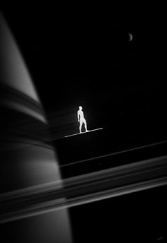 a black and white photo of a person on skis in the dark with moon behind them