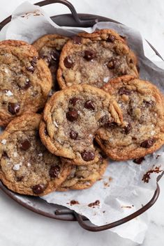 chocolate chip cookies on a plate with parchment paper