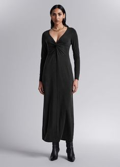 Long-sleeve midi dress featuring a v-cut neckline with a twist-detail. Length of dress: 130.5cm / 51.4" (Size S) V-neck Twist Front Dress For Date Night, Twist Front V-neck Dress For Date Night, Date Night V-neck Twist Front Dress, Fitted Midi Dress With Twist Front, Chic Fitted Midi Dress With Twist Front, Elegant V-neck Dress With Twist Front, Fitted Twist Front Midi Dress, Elegant Fitted Midi Dress With Twist Front, Twist Front Dress For Spring Night Out