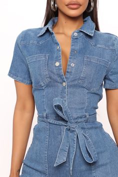 Available In Medium Wash. Denim Jumpsuit Collar Short Sleeve Snap Buttons Pockets Tie Belt Flare Leg Back Pockets Stretch 65% Cotton 32% Polyester 3% Rayon 2% Spandex Imported | Texas Baby Denim Jumpsuit in Medium Wash by Fashion Nova Texas Baby, Sweater Jumpsuit, Denim Jumpsuit, Tie Belt, Sweater Jacket, Jumpsuits For Women, Fashion Nova, Active Wear, Shirt Dress